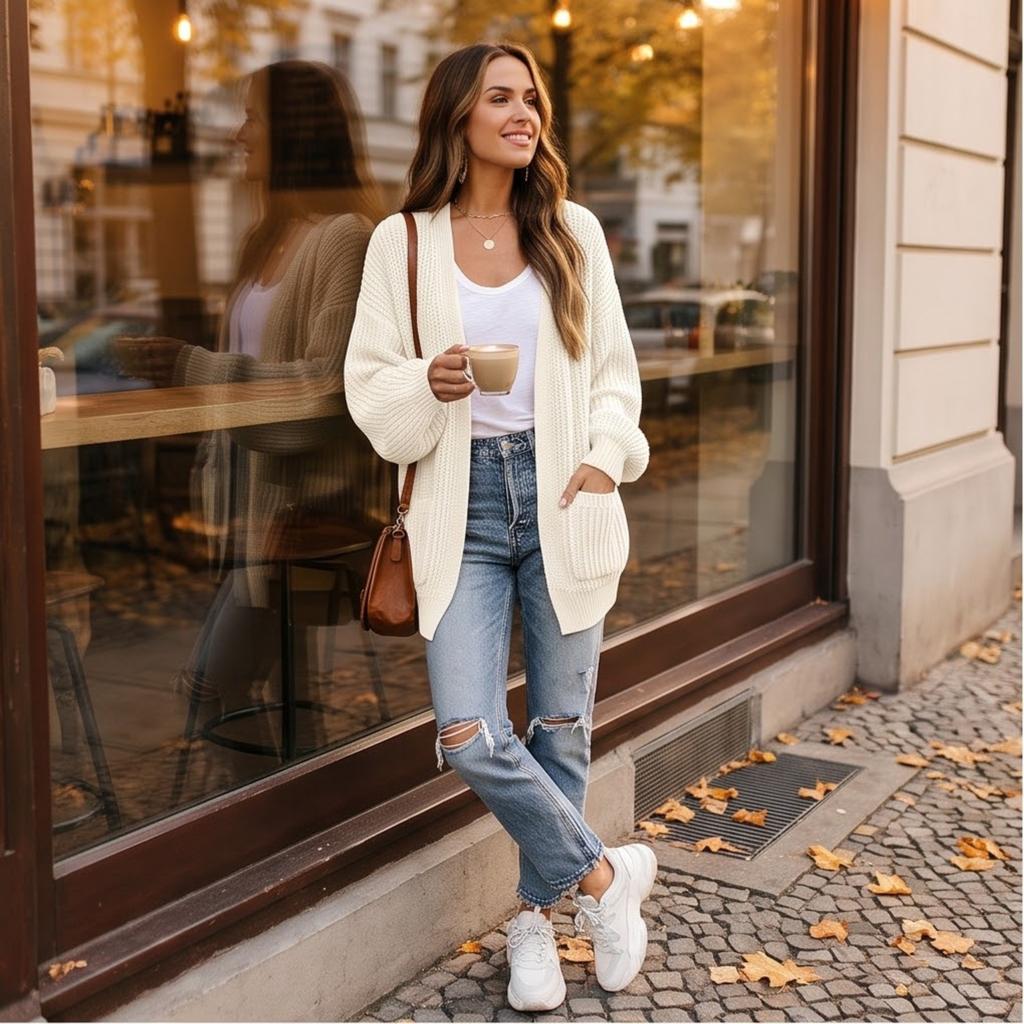 Women's Long Sleeve Knit Cardigan with Pockets for Casual Daily Wear