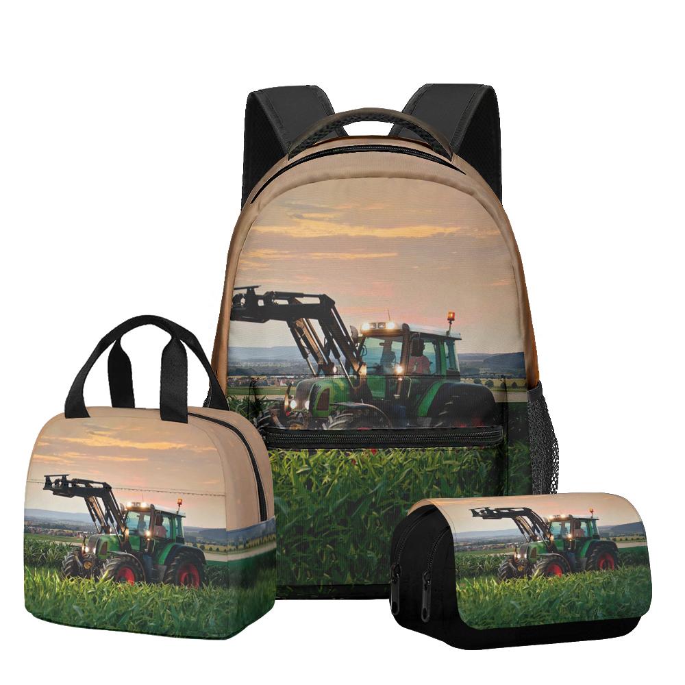 Classic Novelty Cool Tractor pattern 3D Printed 3pcs/Set Student School Bags Laptop Daypack Backpack Lunch bag Pencil Case