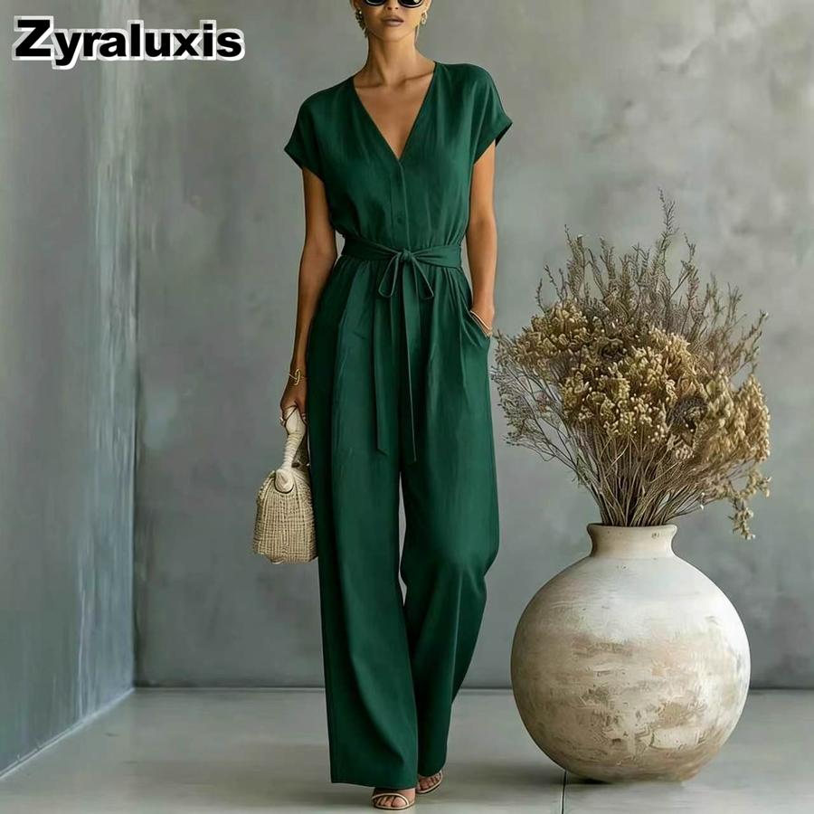 New Women's Summer Office V-Neck Waist Belt Bodysuit