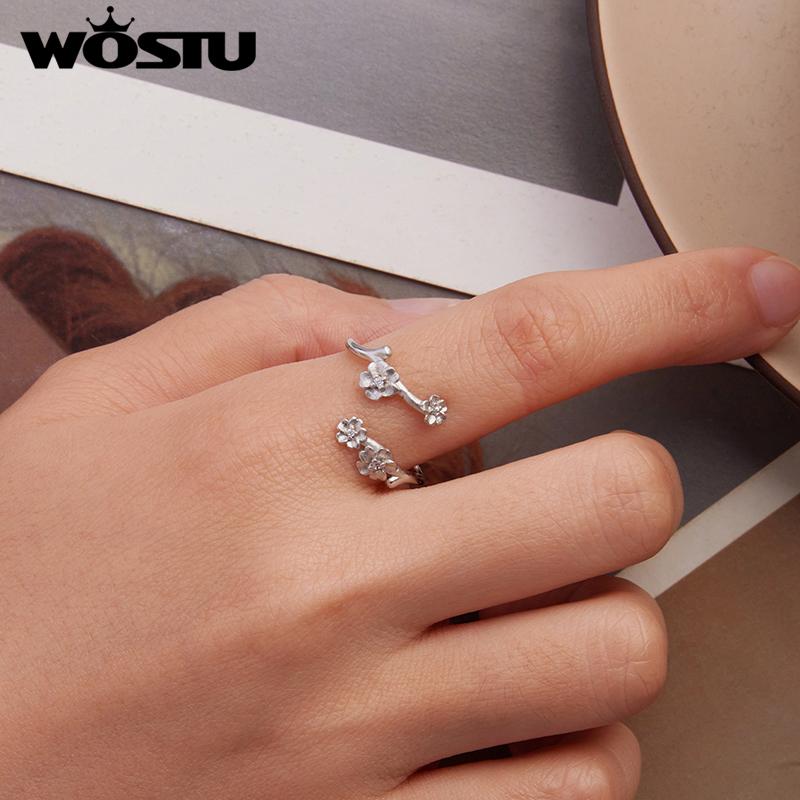 WOSTU 925 Sterling Silver Ruby Blossom Open Ring For Women S925 Silver Shiny Zircon Flower Adjustable Ring Party Jewelry Gift