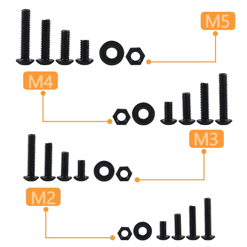 1180pcs Metric Nuts and Bolts Washers Assorted Set M2 M3 M4 M5 Black Hex Socket Head Cap Screws Bolts and Nuts Kit Thread Machine Hex Bolt Set
