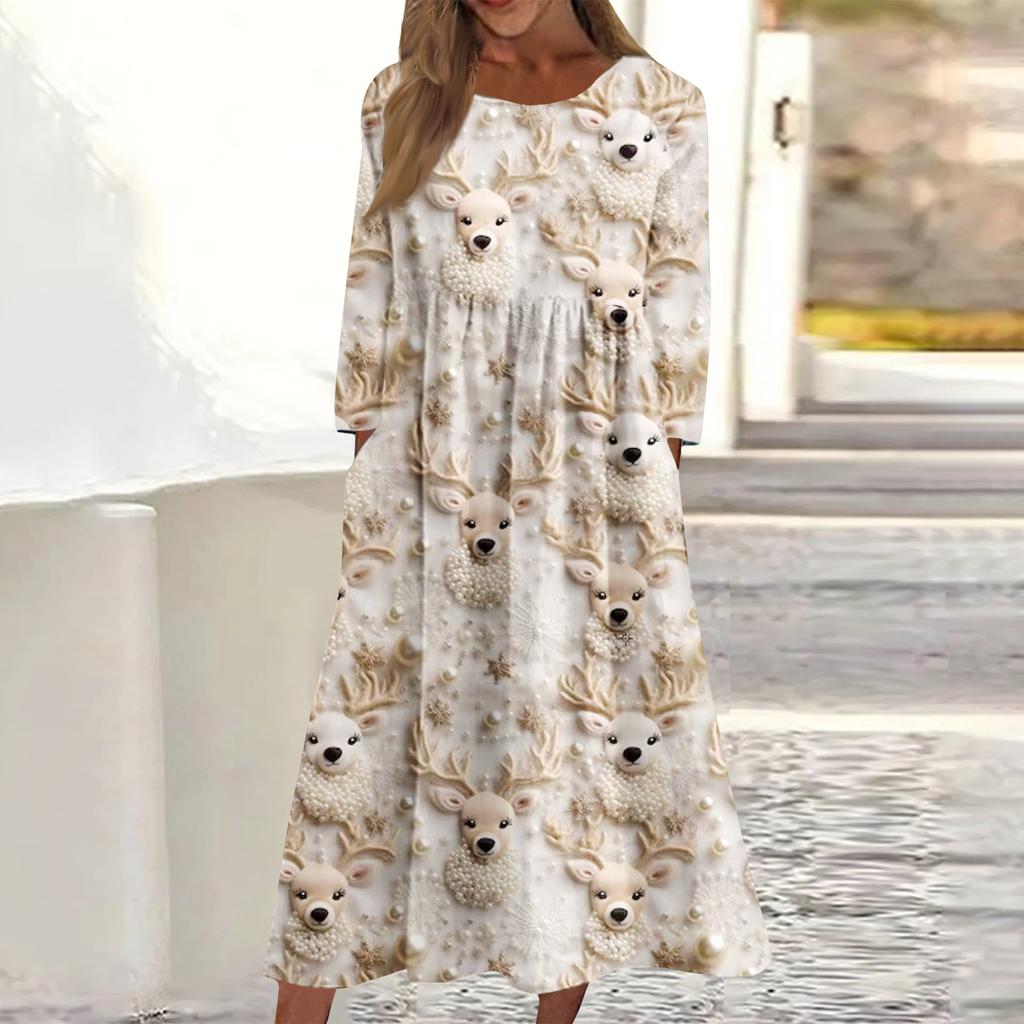 Női alkalmi kerek nyakú karácsonyi mintás midi ruha hosszú ujjú zsebes ruha