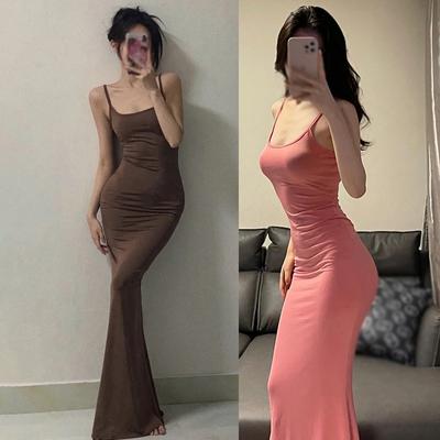 Casual All-Match Inside Wear Solid Color Slim Long Bag Hip Suspender Dress
