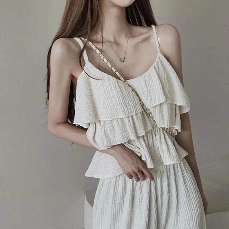 Casual Summer Solid Two Piece New Sets Women Sexy Flounce Tops + Loose High Waist Pants Female Chic Elegant Patchwork Party Beach Suits