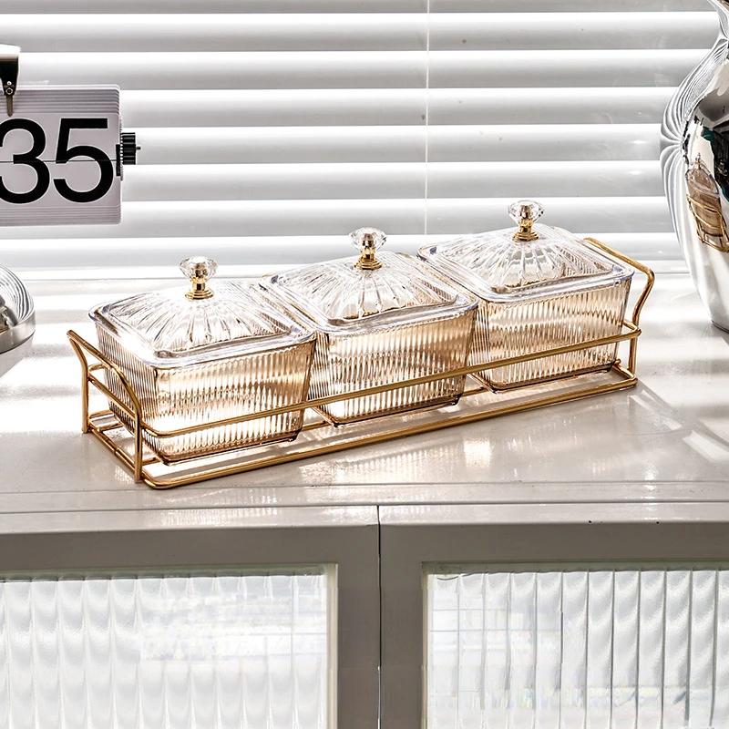Transparent Square Dessert Jar Dish Grid Dried Fruit Salad Plate Snack Dishes Food Storage Preserved Tray Box Lid Bowl Tableware