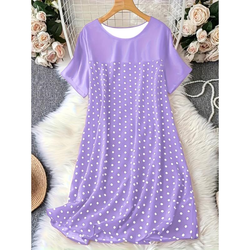 Damska wiosenno-letnia sukienka w kropki z okrągłym dekoltem i krótkim rękawem, wygodna