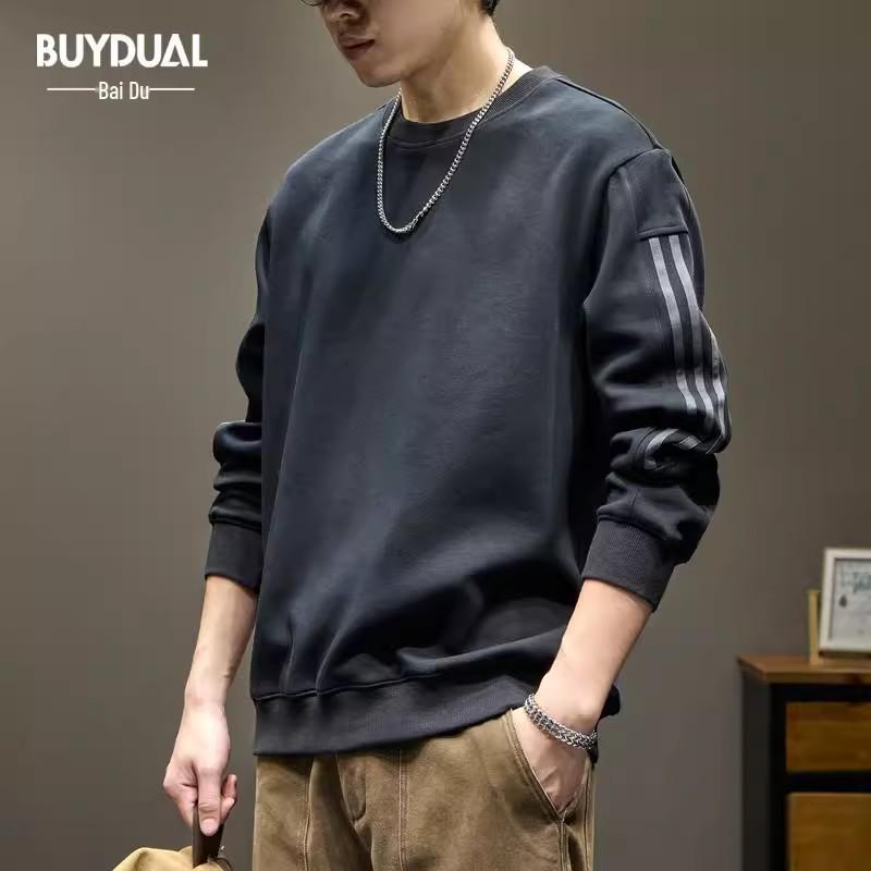 

Autumn 2025 Men s Trendy Striped Heavyweight Crewneck Sweatshirt - Casual Long Sleeve Jacket L чорний