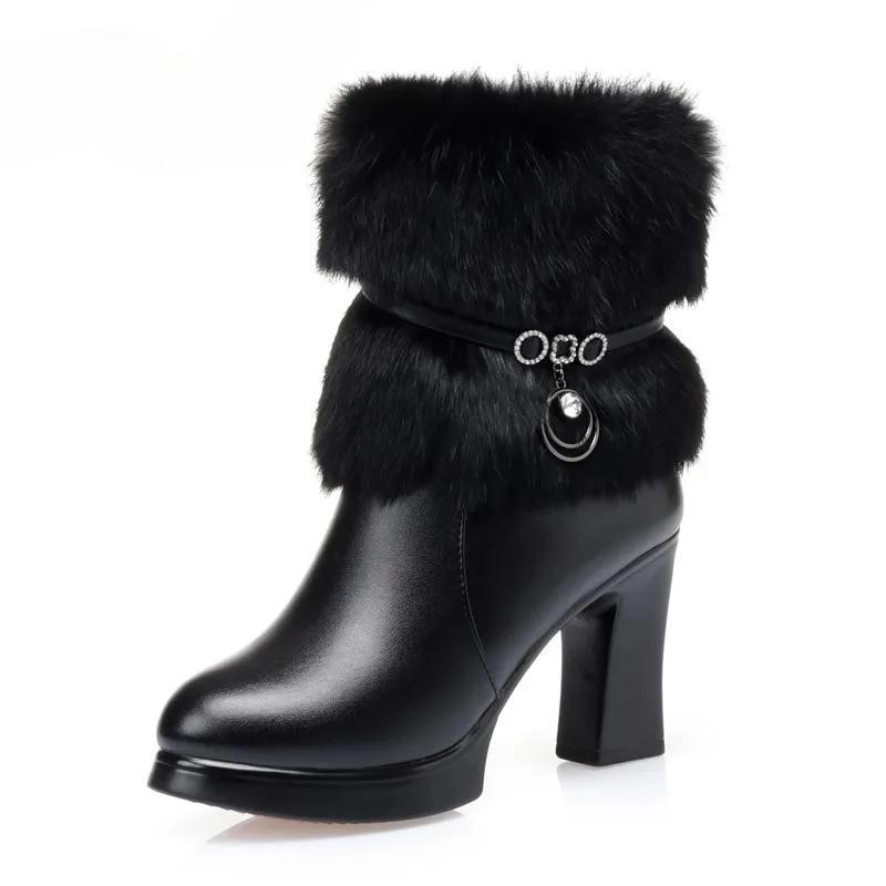 Women Winter Boots  New Round Toe Fashion Women's Fashion Boots Natural Wool Lining Rabbit Fur Women Ankle Boots