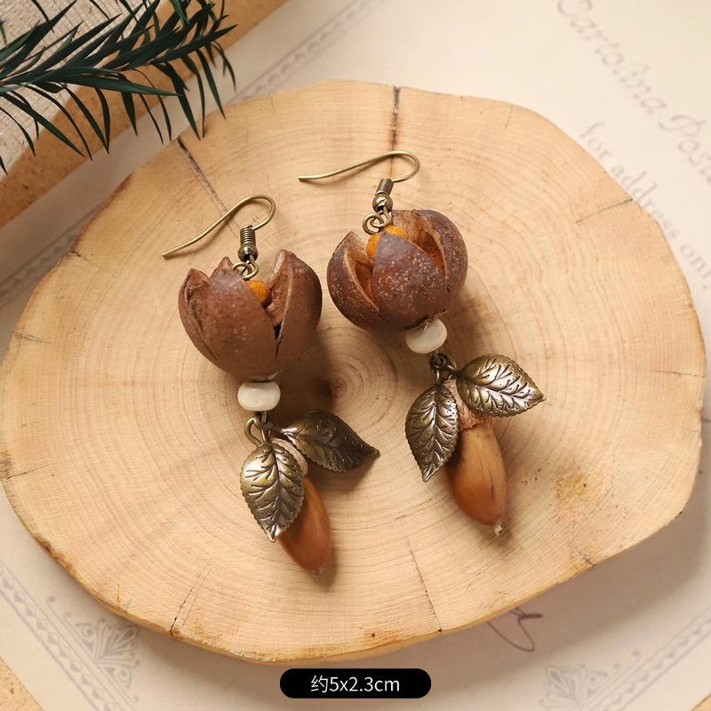 

Винтажный лесной стиль, натуральные растительные аксессуары для ушей, ручная работа, креативные, маленькие и уникальные серьги в виде плодов дуба, длинные серьги с кисточками