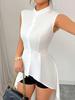 Women's Stand Collar Sleeveless High-Low Hem Shirt with Cinched Waist
