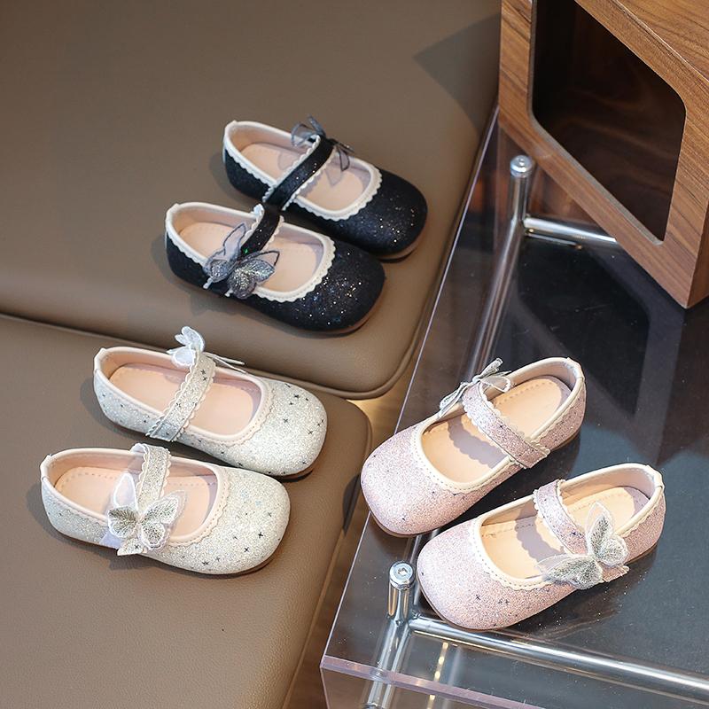 2024 Spring New Girls Mary Janes for Party Wedding Shows PU Butterfly Simple Non-slip Children Fashion Casual Shoes Kids Flats
