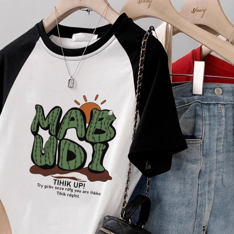 Women's Summer Loose Casual Printed T-shirt with Contrasting Colors Off The Shoulder Short Sleeve Women with Top