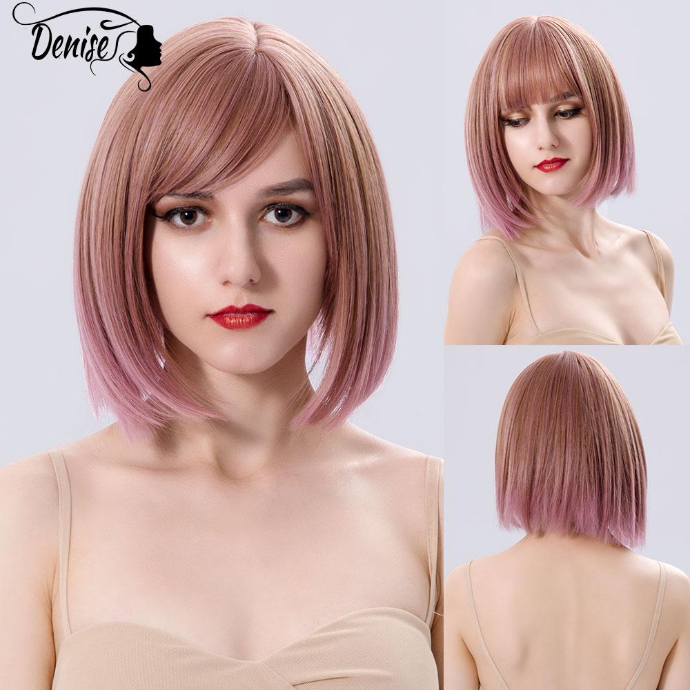 Bob Wig Straight Short Black To Blue Ombre Daily Synthetic Wigs For Women With Bangs Nutural  Heat Resistant Fiber Cosplay Hair