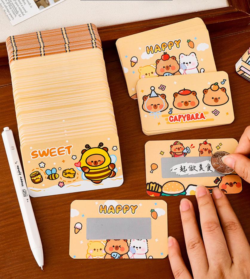 50 Sheets Cartoon Animal Capybara Theme DIY Rewards Scratch Cards Invitation Cards for Kids Birthday school reward Party Decor