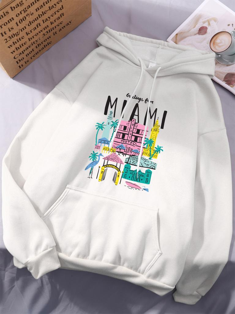 Greetings From Miami Printing Hoodies Women Casual Pocket Hoody Winter Fleece Warm Sweatshirts Basics Sporty Womans Streetwears
