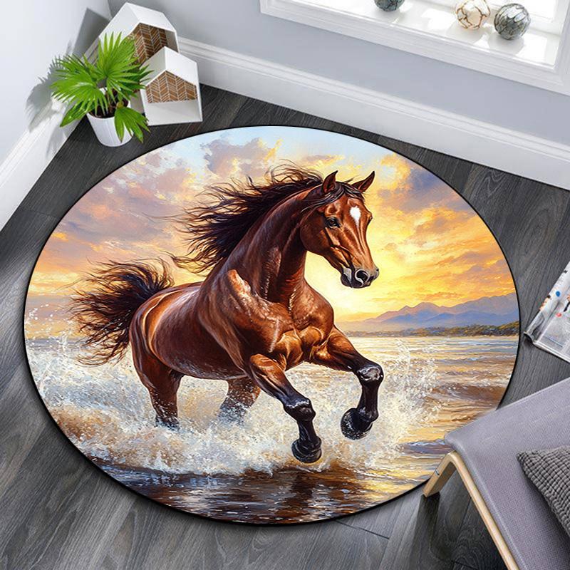 Galloping Horse Round Area Rug,Carpet Rug for Living Room Bedroom Sofa Playroom Decor,Non-slip Floor Mat