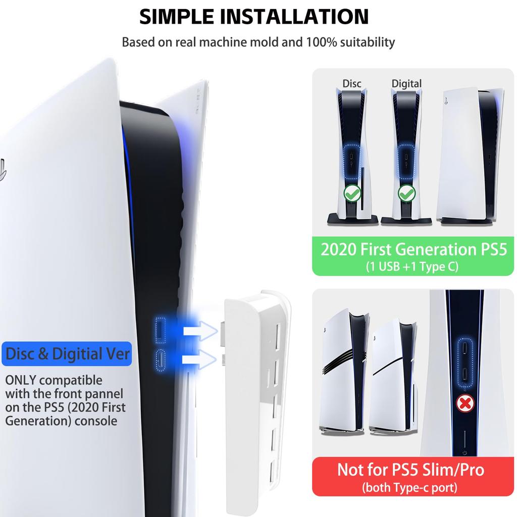 Megadream USB Hub for 4 USB Ports 1 USB Charging Port 1 Compatible with PlayStation 5 High-Speed PS5, 2.0 + + Type-C 3.1 Port, High-Speed