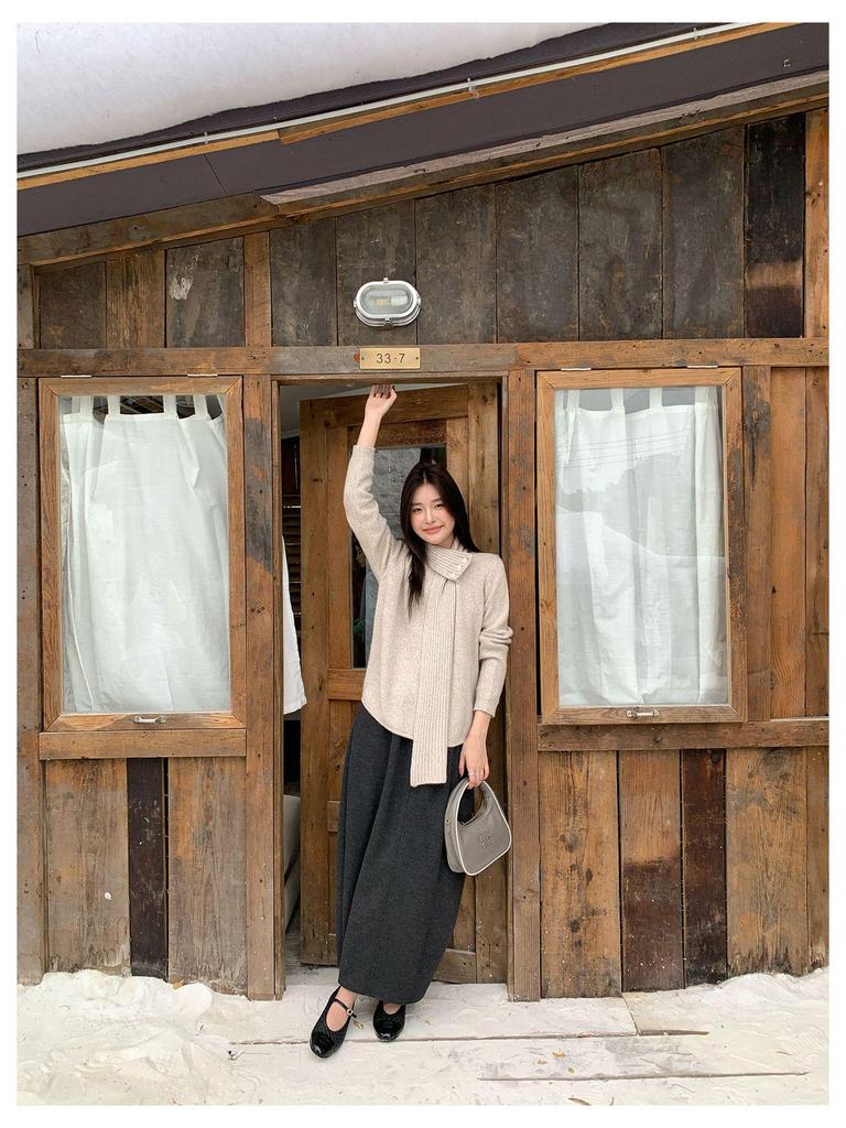 Qiumeng DT Étoile Soft Knit Midi Skirt: Women's High-Waist Slimming Drape (2025 Collection)