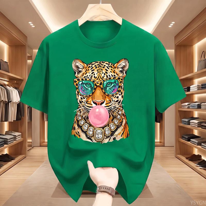 Trendy Leopard Unisex T Shirt Bubblegum Sunglasses Big Cat Graphic T Shirts Retro Animal Printed Tshirt Cotton Short Sleeve Tops