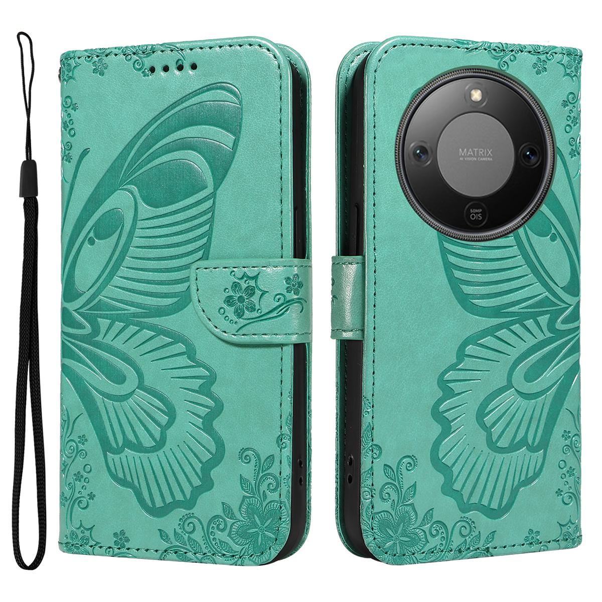 

For Honor Magic8 Lite 5G/X9d 5G/X70 5G Case Butterfly Pattern PU Leather Folio Flip Phone Cover - Blue