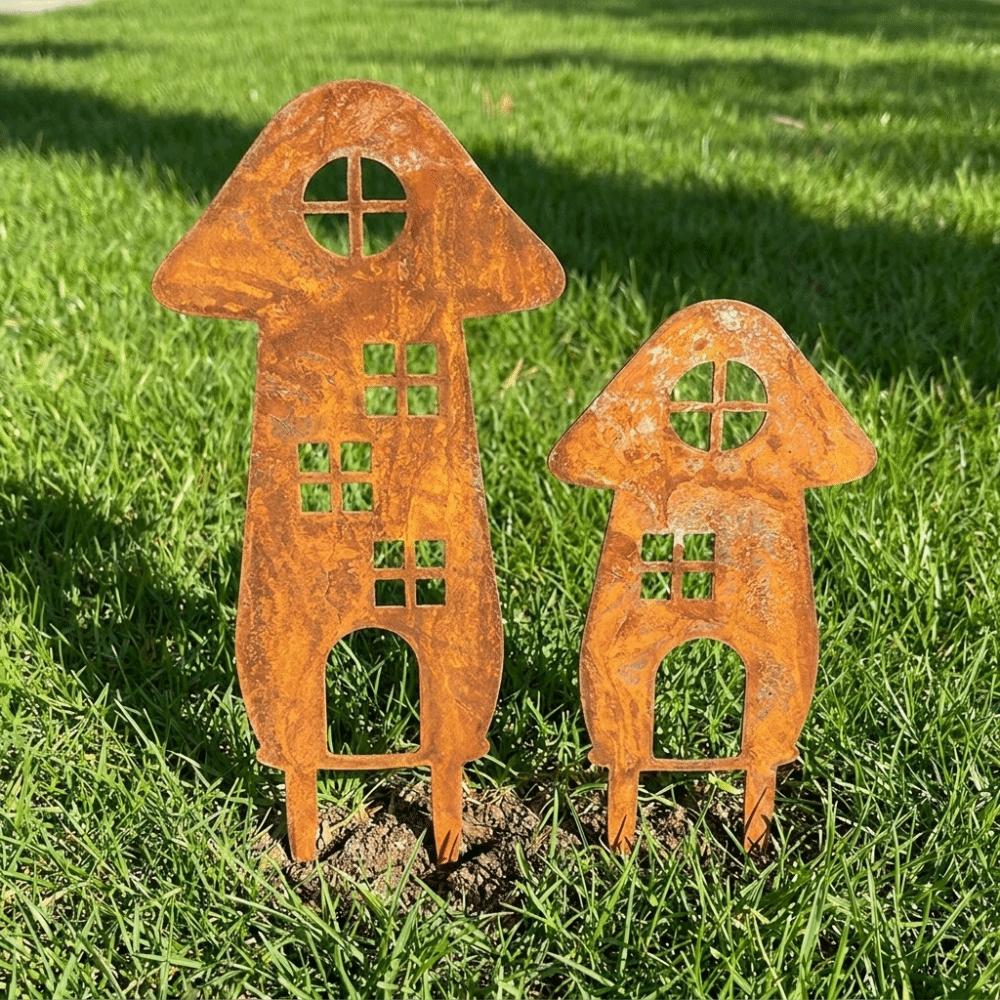 Mushroom House-Shaped Mushroom Garden Inserts Metal Rusty Mushroom Plaque  Courtyard Balcony