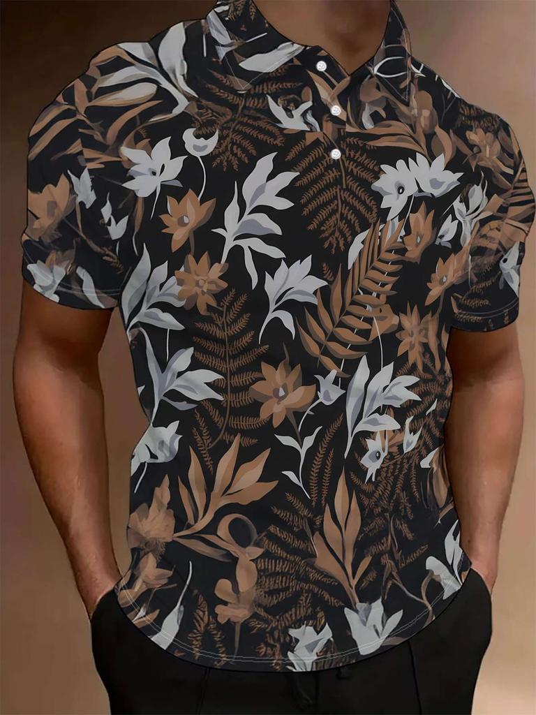 Men'S Short-Sleeved POLO Shirt, Flat Digital Printing Pattern - No Texture - Brown Floral Leaves And Plant Prints On a Black Background, Fashionable