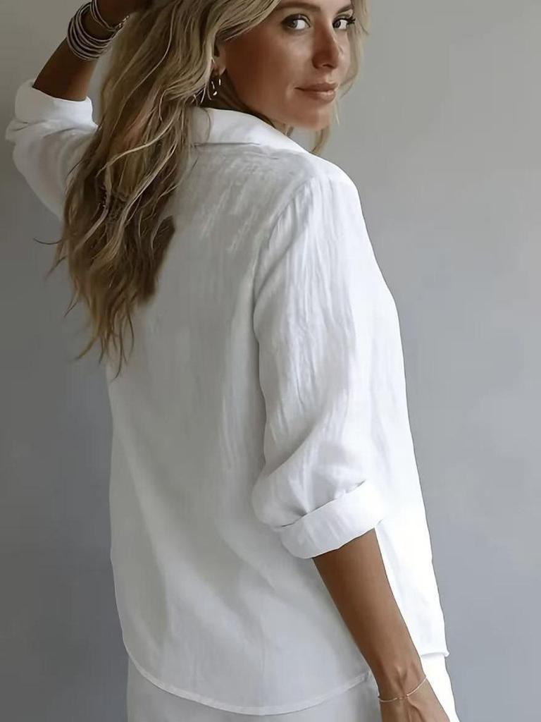 2026 European & American Women's Linen Casual Lapel Shirt - Solid Color, Long Sleeve, Spring Collection