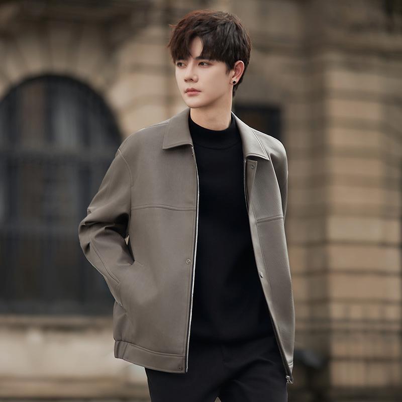 Matte Lychee Texture PU Leather Jacket Men's Spring and Autumn Casual Jacket Loose Lapel Locomotive Trend
