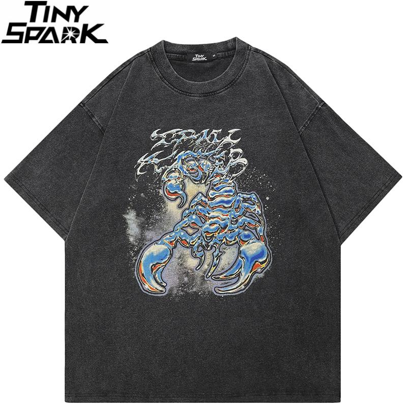 Hip Hop Faded Black TShirt Streetwear Scorpion Graphic T Shirt Printed Men Tshirt Cotton Tops Tees Hipster Apparel