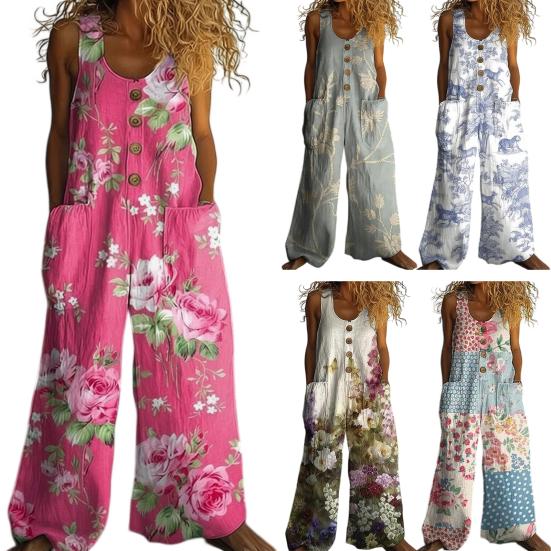 Women's Floral Printed Wide Leg Jumpsuit Sleeveless Button Front Romper Summer Casual Loose Overall with Pockets