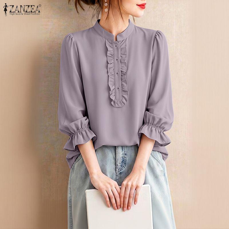 ZANZEA Women Casual Stand Collar Solid Color Loose 3/4 Sleeve Blouse