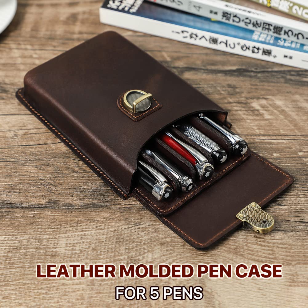 HIRAM Separate Design Pen Case for Fountain Simple Slim Holds 5 Genuine Leather Pens, Design, Pens, (Coffee)