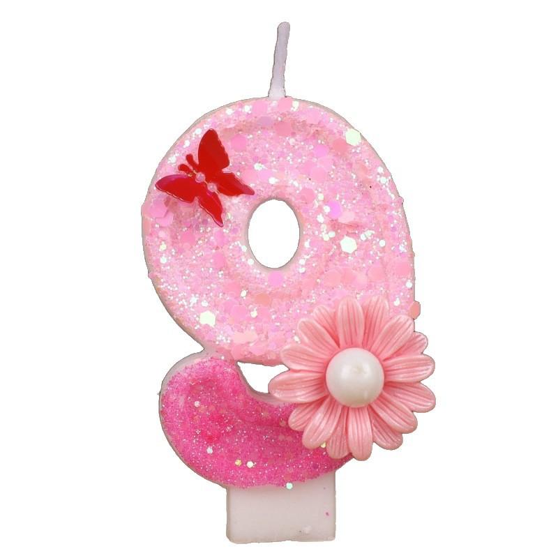 Sequin Pink Flower Butterfly Numbers Birthday Candle Cake Party Decoration One Year Old Handmade Candles 0-9