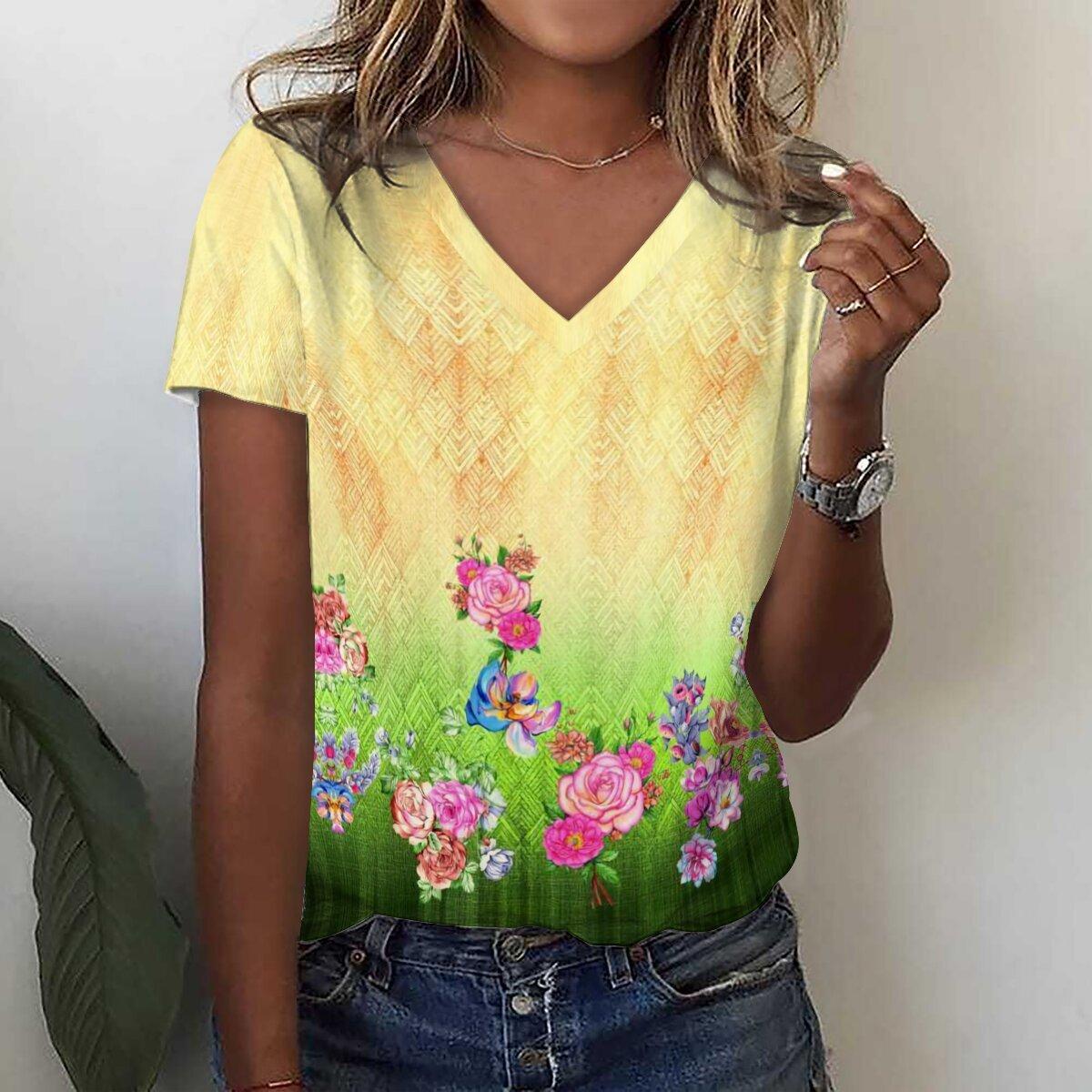 

Модная футболка с 3D принтом подсолнечника и цветочным принтом, летние женские футболки с v-образным вырезом в стиле Харадзюку, уличная одежда больших размеров, футболки Y2k, верхняя женская одежда 2XL