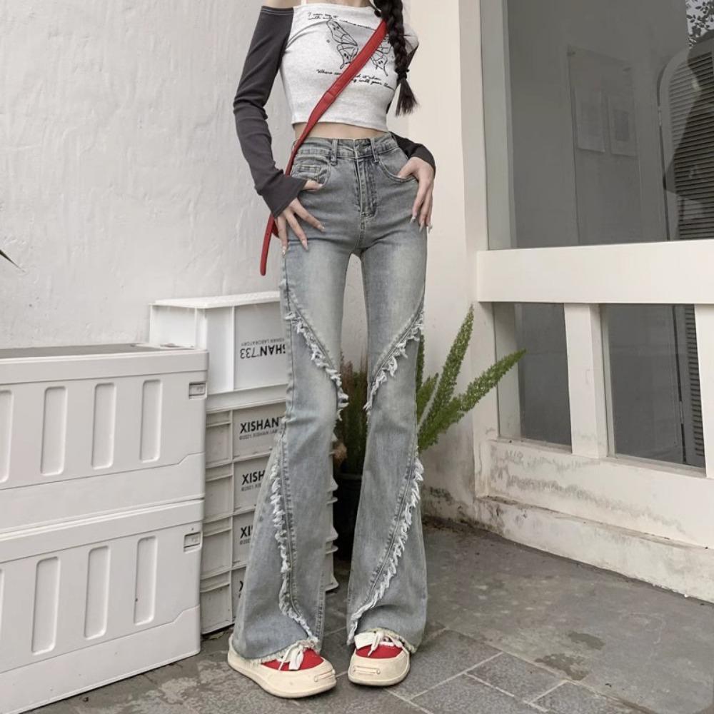 Street tassel rough edge splicing high waist micro pull jeans spring and autumn new slim flared horseshoe jeans