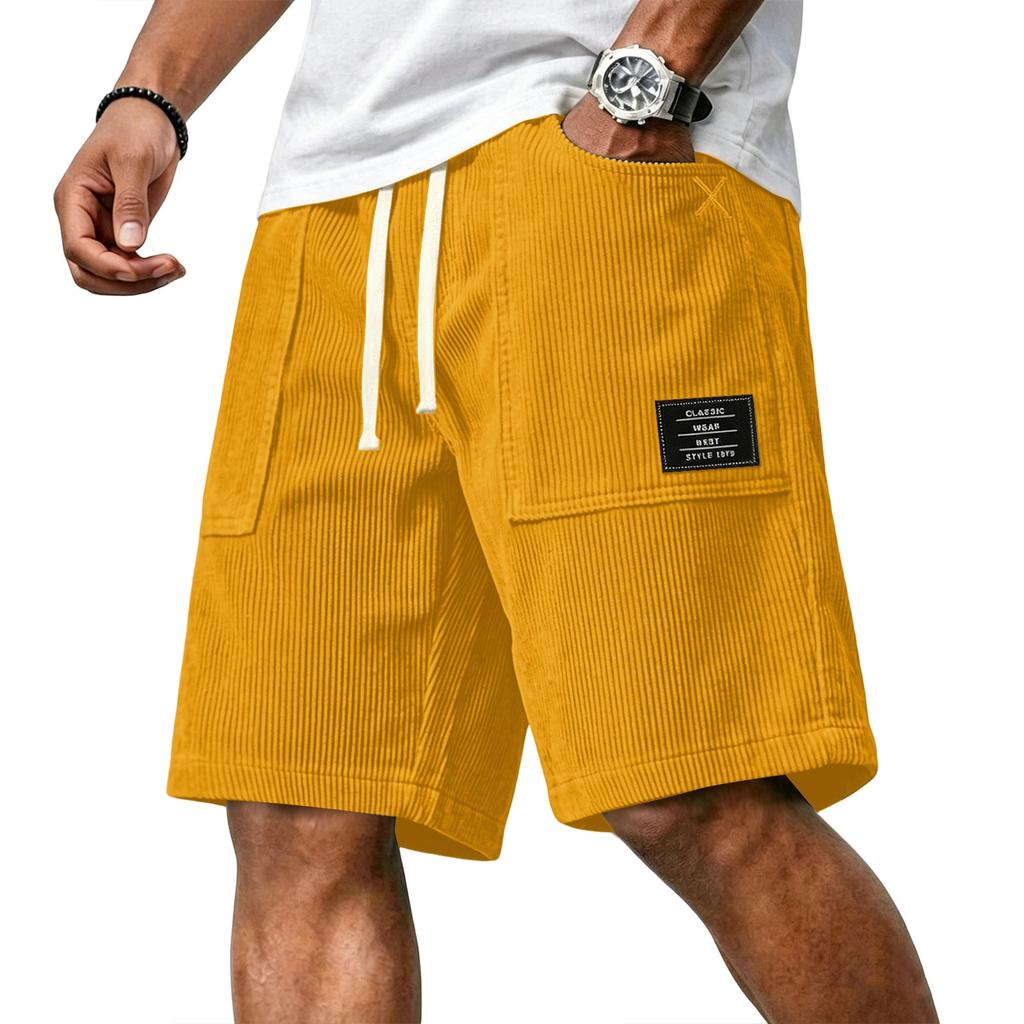 Men's Casual Corduroy Drawstring Shorts with Front Patch Pockets and Elastic Waistband Suitable for Everyday Wear and Outdoor Activities