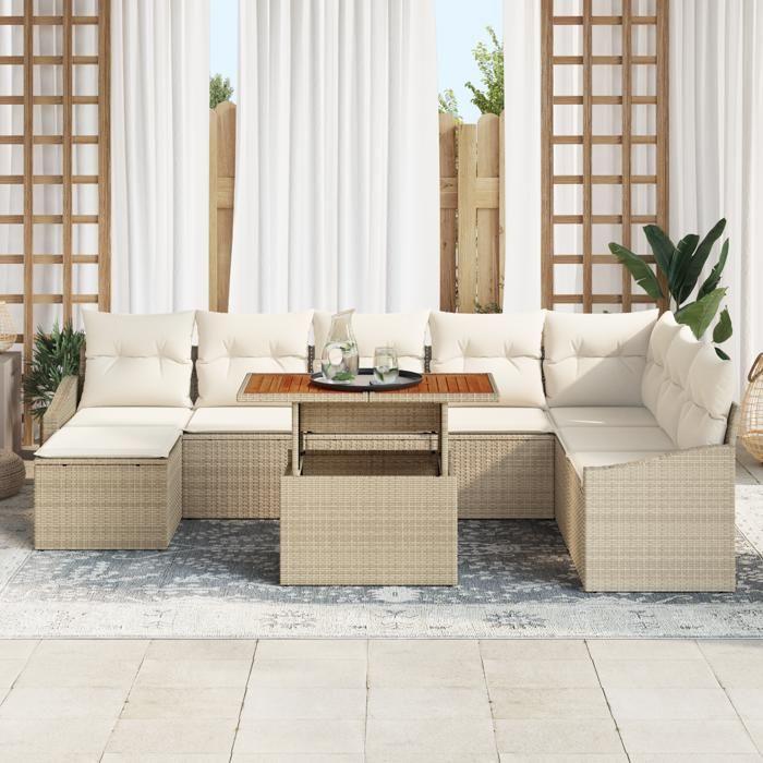 VidaXL Ensemble de salle à manger de jardin 9 pièces avec coussins Beige Rotin Poly Acacia 3349875