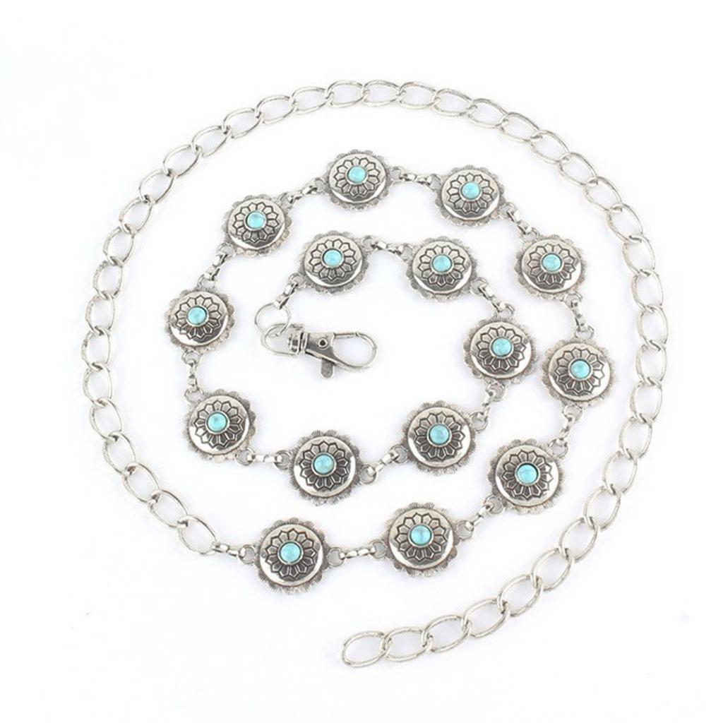 Bohemian Women Waist Belt Thin Ethnic Style Chain with Carved Turquoise Buckle Decorative Women Dress Metal Waist Belt