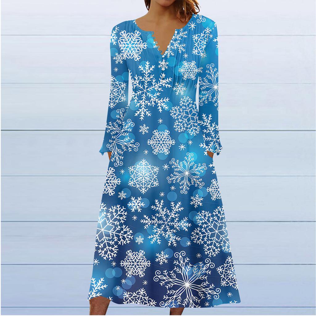 Fashion Women's Casual Fashion Print Pocket V-neck Pullover Long Sleeve Dress