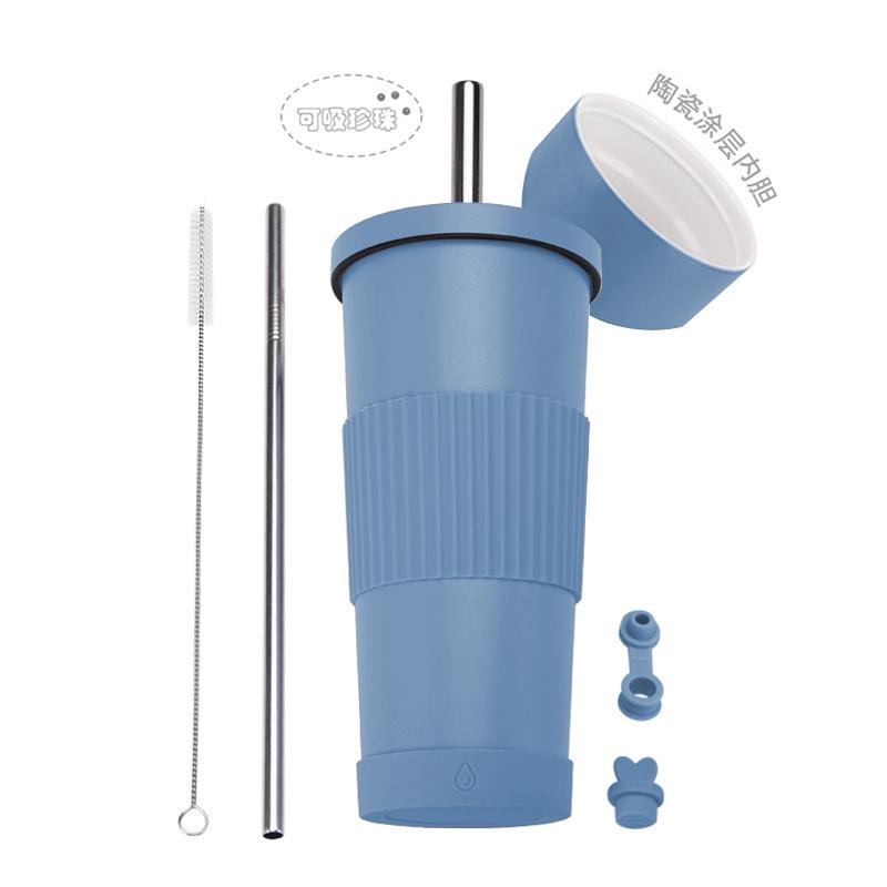 2025710Ml Stainless Steel Straw Cup Female Ceramic Liner Milk Tea Cup Non-Slip Portable Straw Thermos Cup