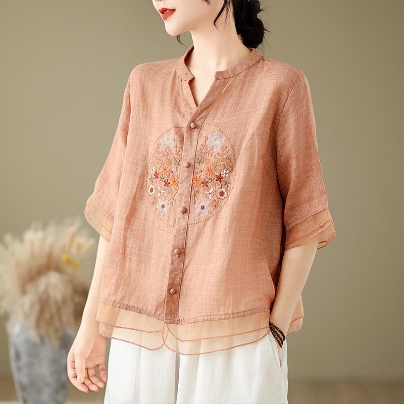 Retro Embroidered Organza Patchwork V-Neck Shirt for Women - Summer Mid-Sleeve Trendy Top