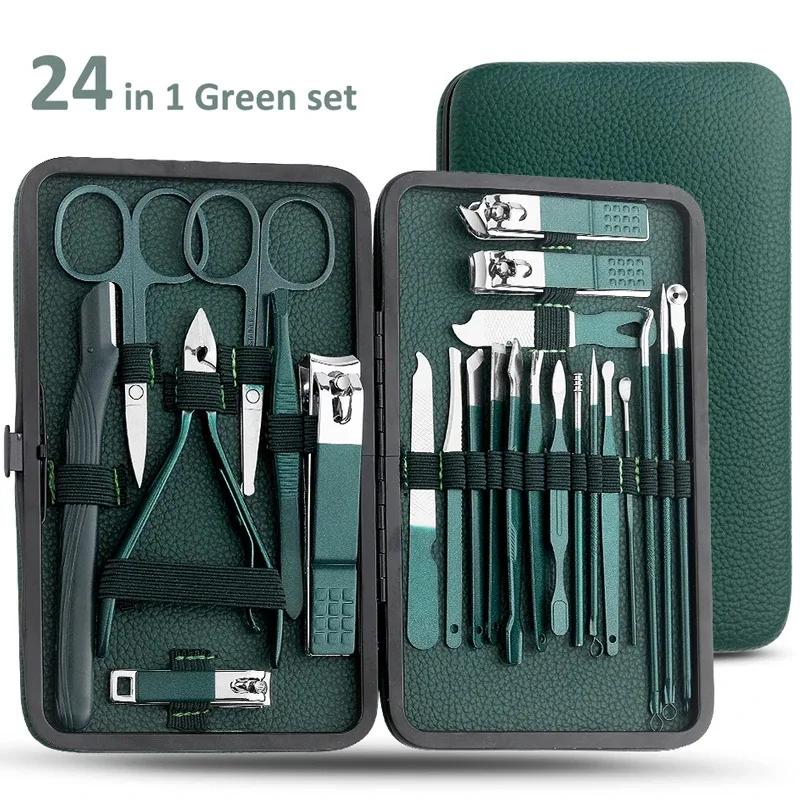 

Premium 7-24Pcs Dark Green Manicure Pedicure Set, Heavy Duty Unisex Nail Clipper Kit, Portable Exfoliation Nail Foot Care Tools