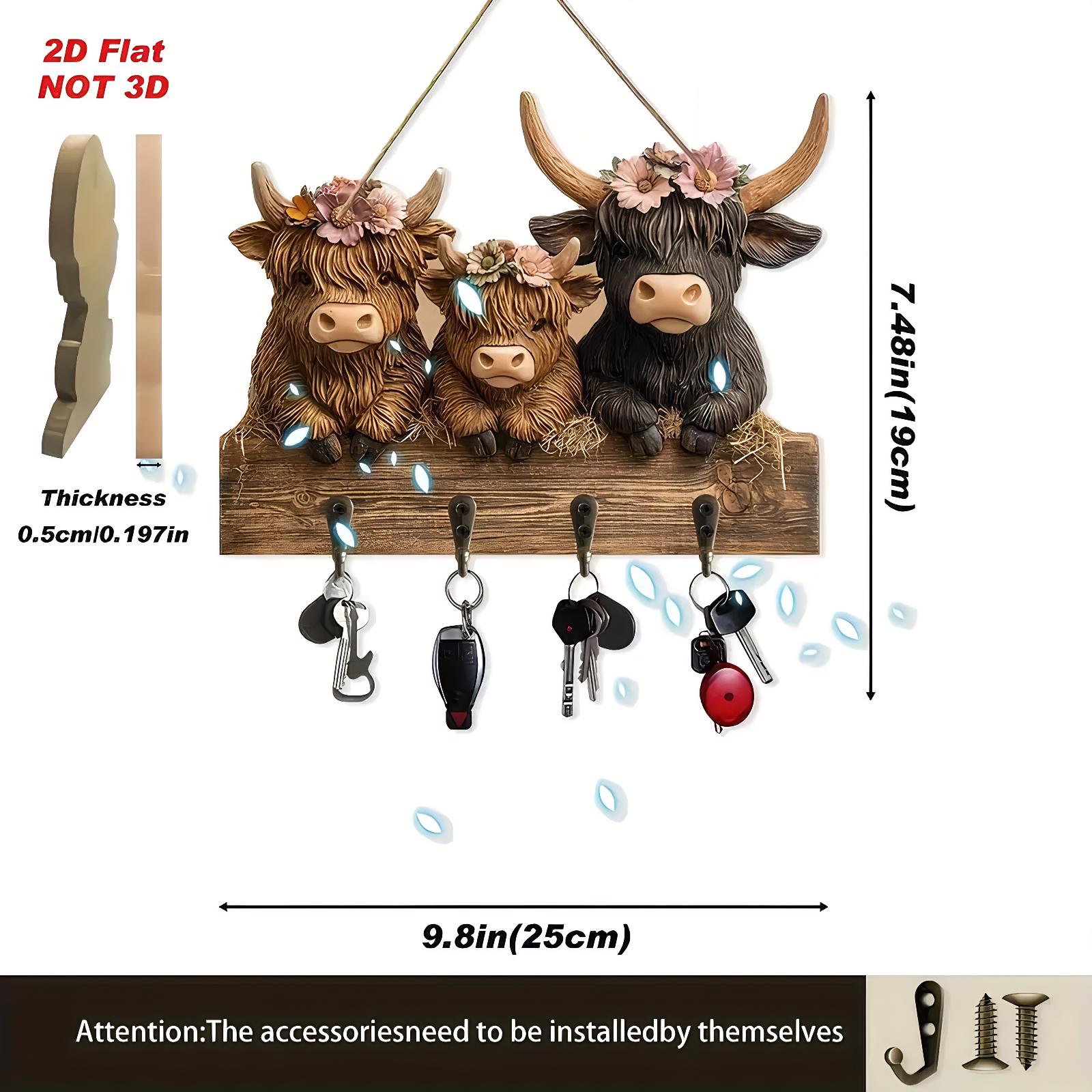

Rustic Highland Cow Wooden Key Organizer Holder with 4 Hooks Wall-Mount Flat Key Storage Rack for Home Living-room Decorative