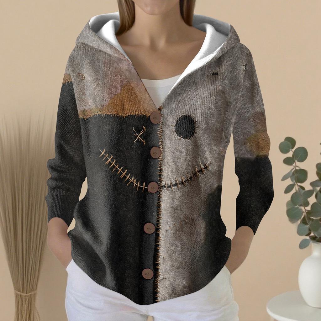 Mote for kvinner, avslappet genser, knappestrikkejakke med trykk, hettejakke