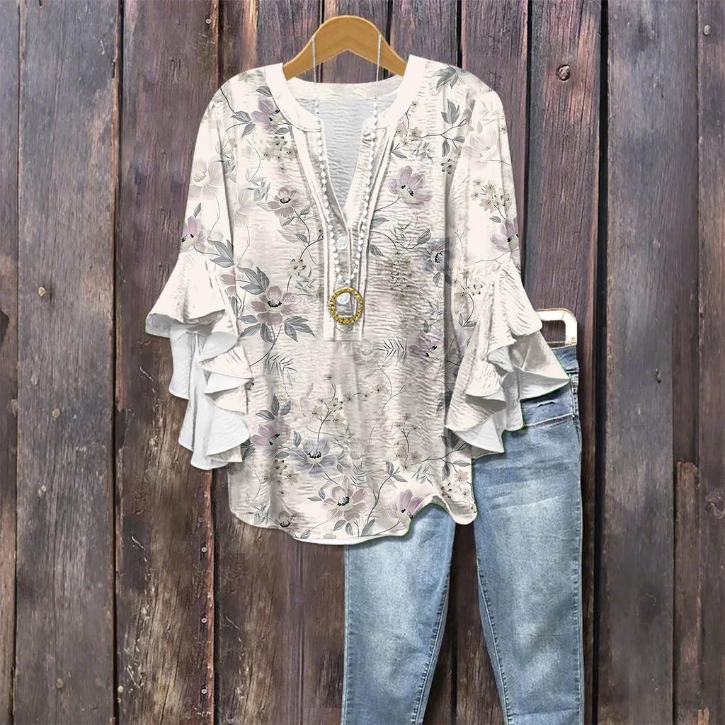 Women's Fashion Casual Button V-Neck Seven Sleeve Vintage Printed Shirt Top