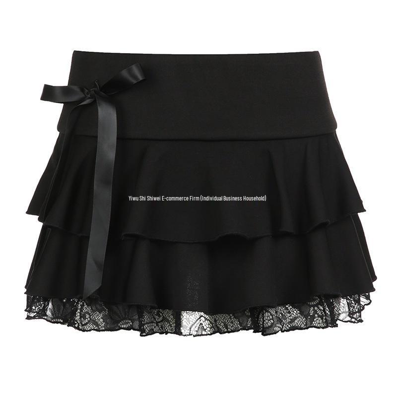 Dark Lace Patchwork Bowknot Ballet A-Line Micro Mini Skirt