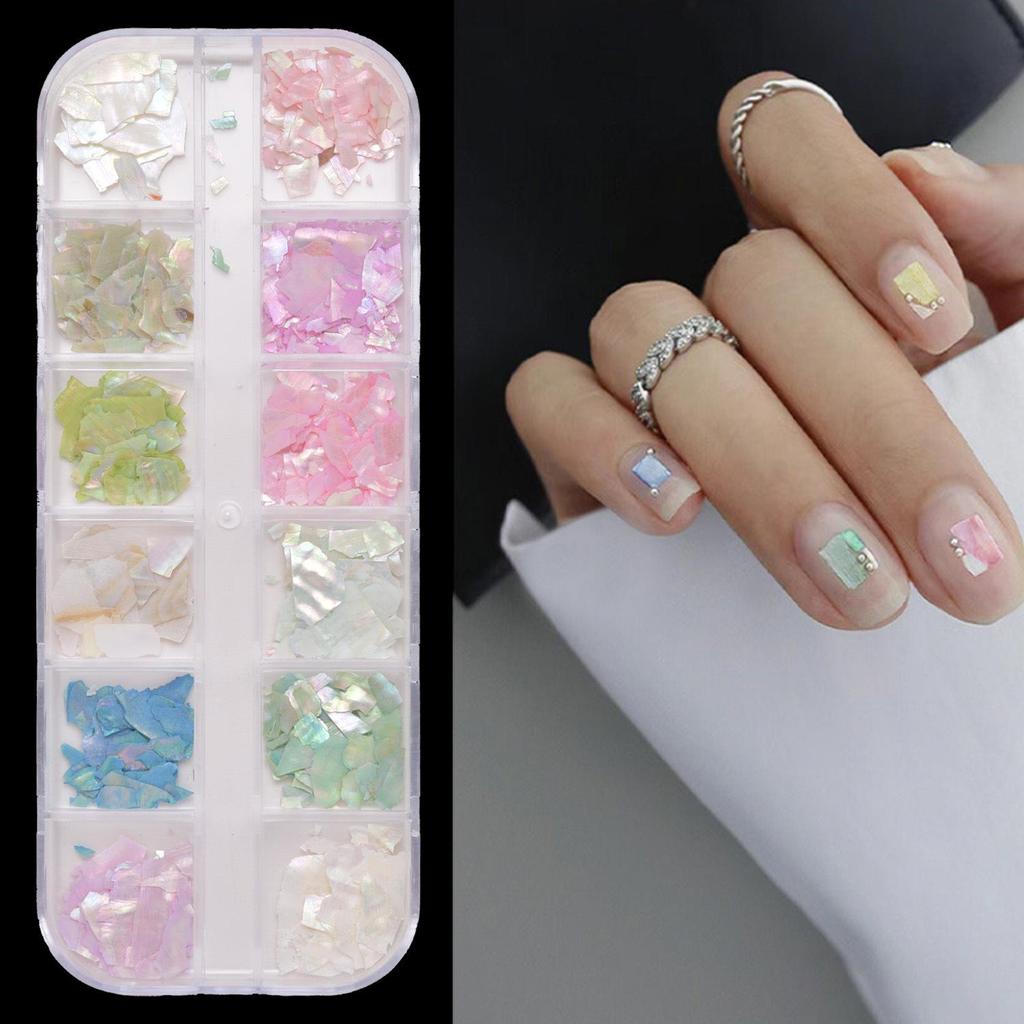 Ultra-Thin Abalone Nail Art Kit: 12-Grid Mixed Ornaments with Shells, Rivets, Pearls, and Rhinestones.