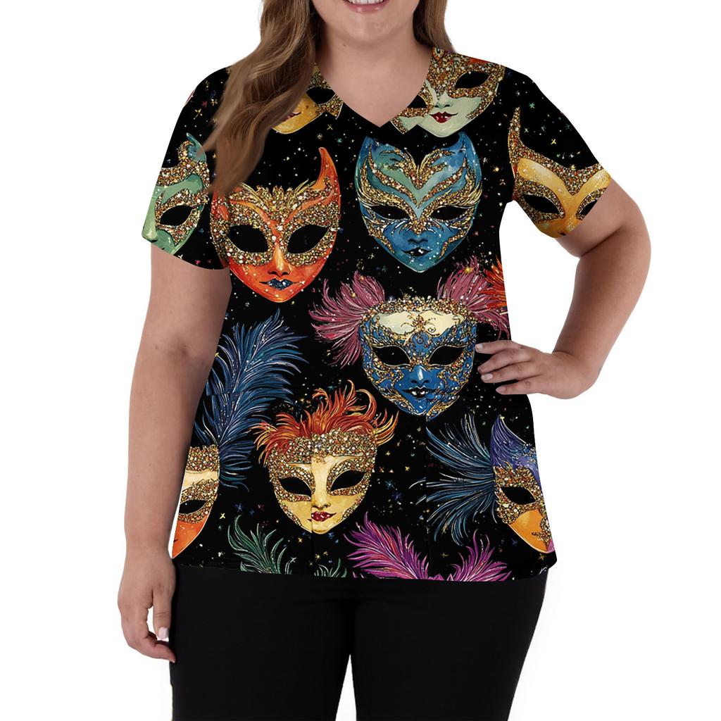 Women's Fashion V-Neck Short Sleeve Overalls With Pockets  Print Tops  Clothes