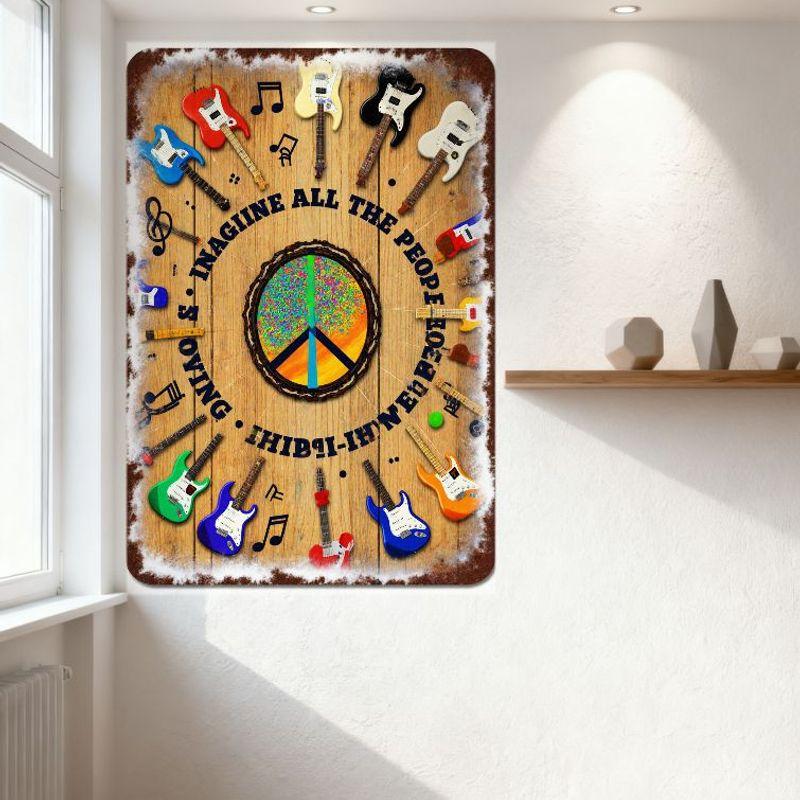 Vintage Metal Sign with Peace Symbol, Trees & Colorful Guitars, Musical Notes - 1960s Counterculture Peace & Music Art for Home