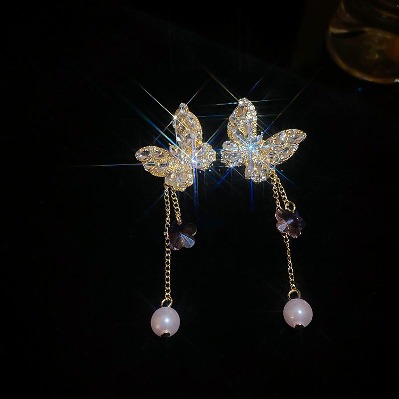 Hochwertige Silbernadel Zirkon Blume Fransenohrringe Europäische und Amerikanische Leichter Luxus Temperament Ohrringe Retro Nischenohrringe